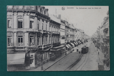 Ansichtskarte AK Leuven Löwen 1918 Statiestraat Straßenbahn Geschäfte Cafe Ortsansicht Belgien Belgique Belgie